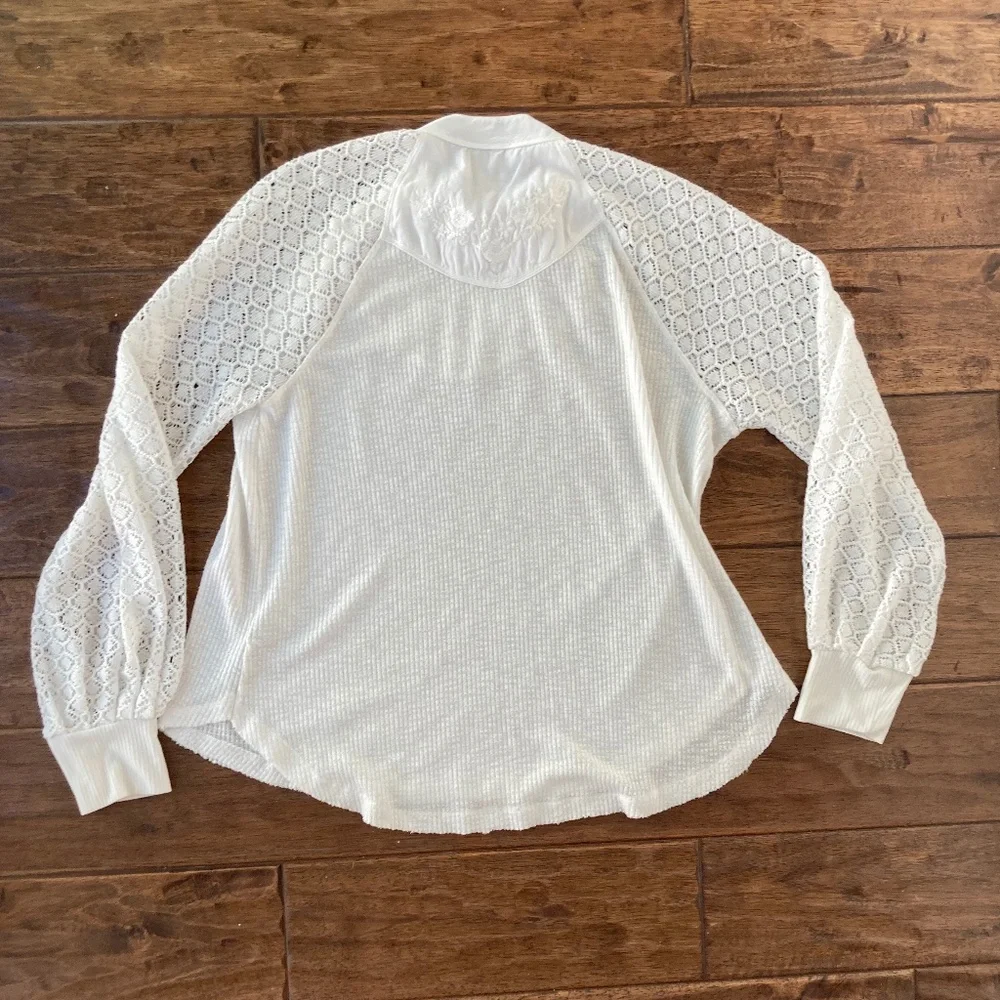 Free People Sweetest Thing Waffle Embroidered Top Sz Med Boho Peasant Cottage